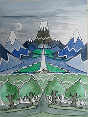 Il disegno di Tolkien per la sovraccoperta della prima edizione inglese de Lo Hobbit reinterpretato in un acquerello di Marta Passarelli.